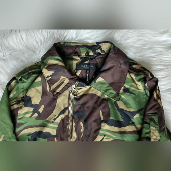 EUC rag & bone abstract camo cotton orange satin lined full zip front arm zip - Picture 4 of 16